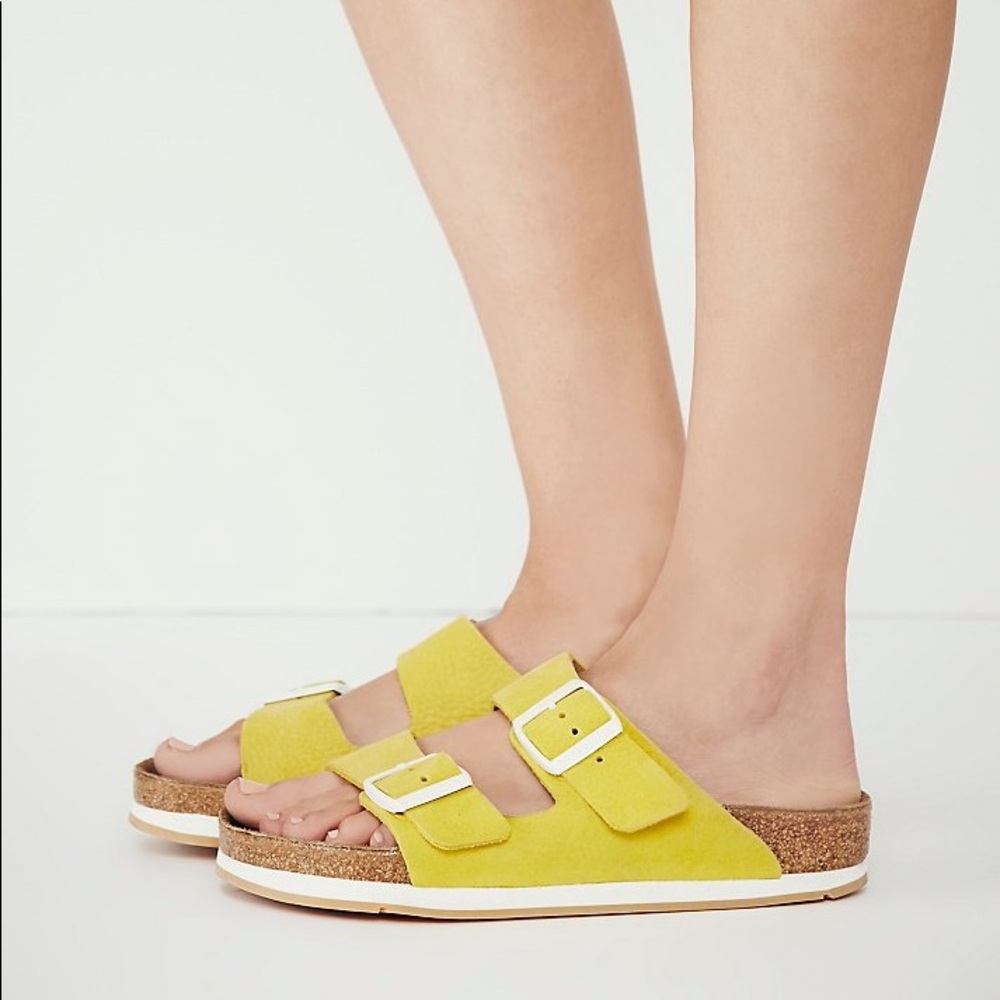 Yellow & white buckle suede Birkenstock sandals